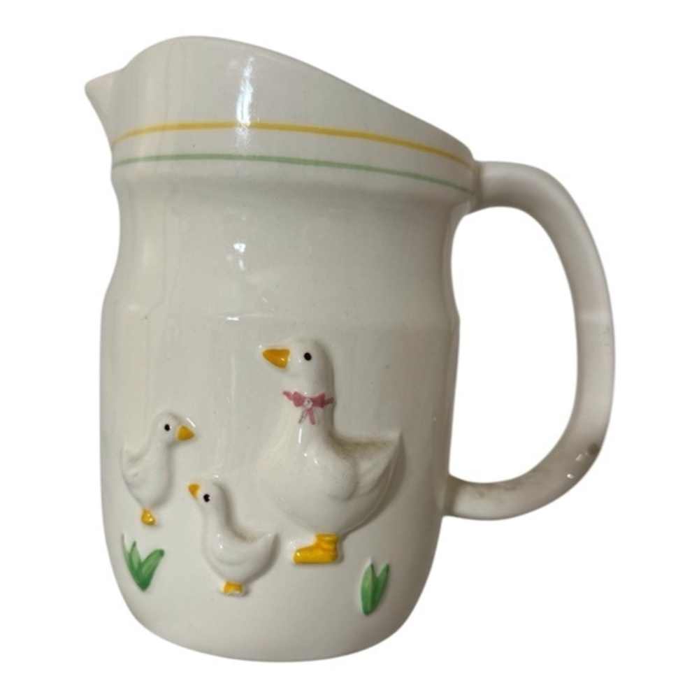 Vintage Treasure Craft USA Pitcher White w/Geese Farmhouse/Cottage Core Decor 6.